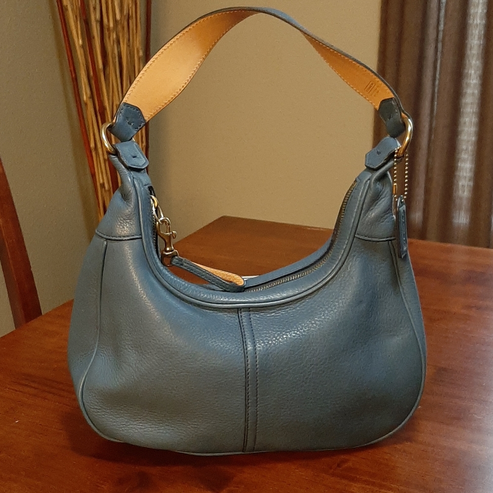 Coach Blue Leather Shoulder Bag with Tan Strap